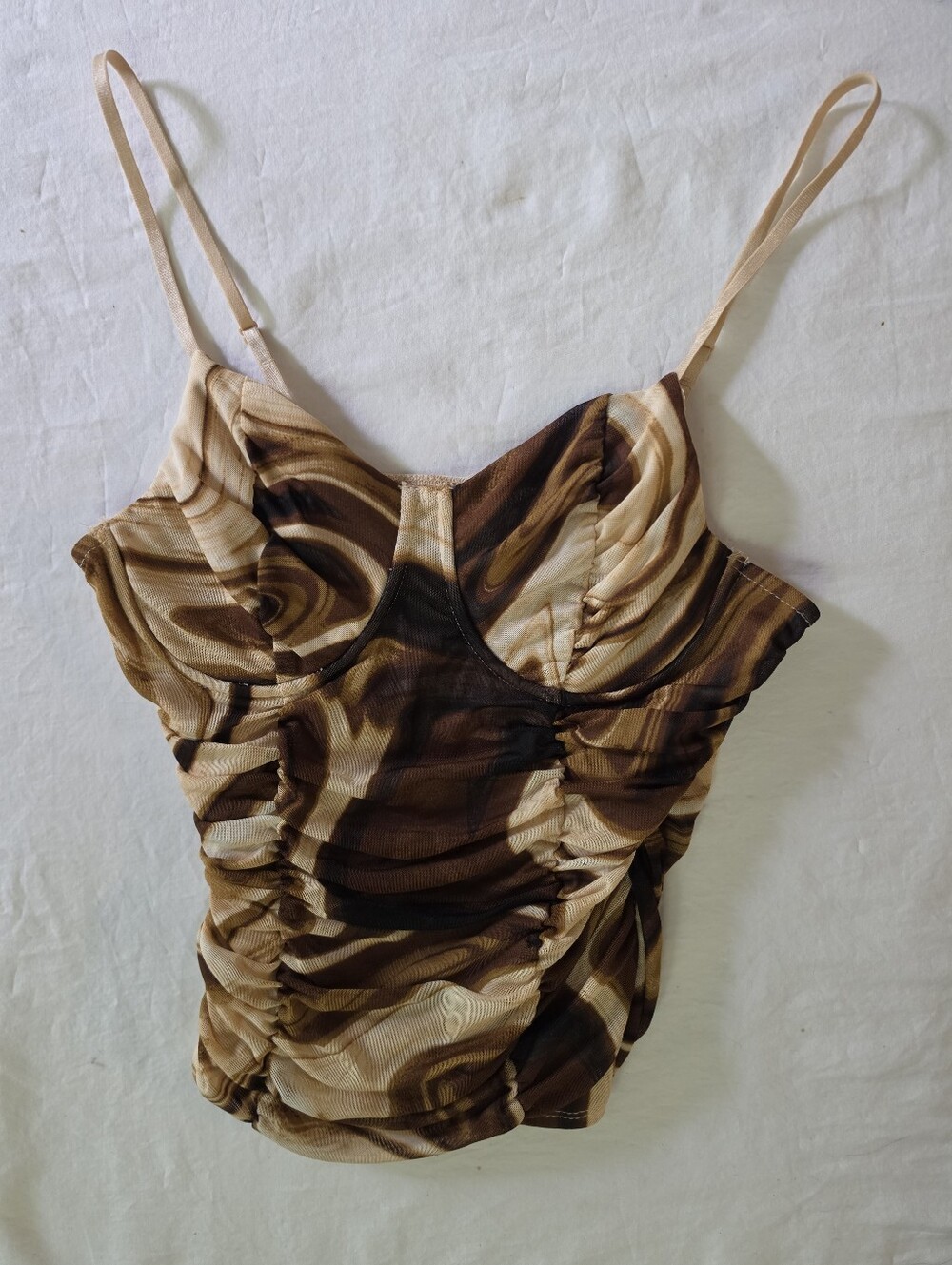 Just Polly NY Brown Marble Mesh Bustier Top Ruched Corset Y2K Grunge M